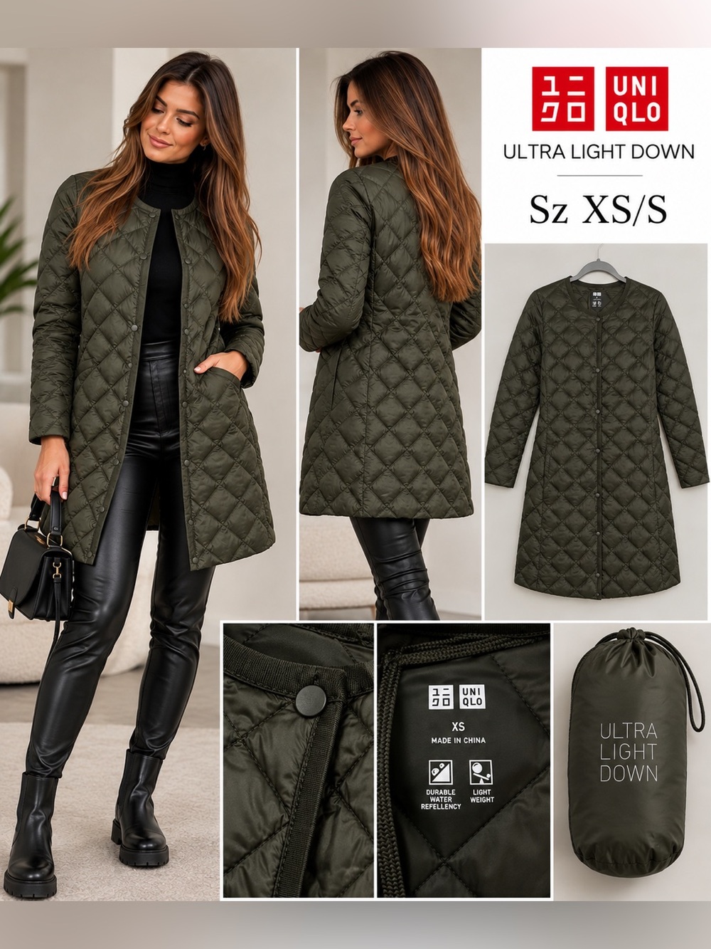 Uniqlo Olive Green Ultra Light Down Quilted Coat Sz XS/S like new